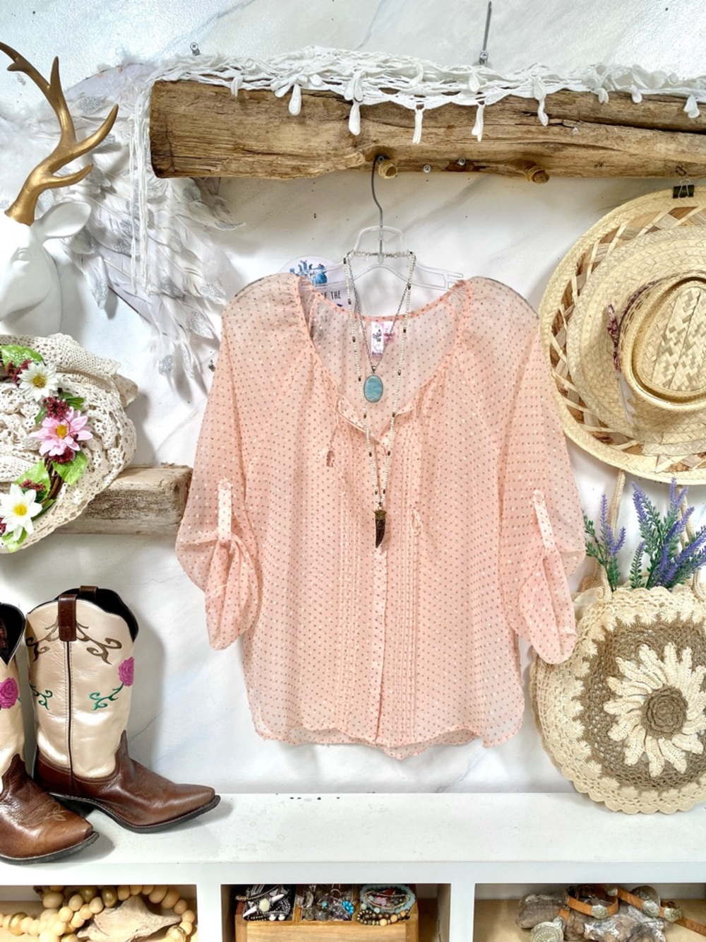 Blush semi sheer Doll polka dot blush blouse w shabby chic vacay resort vibe